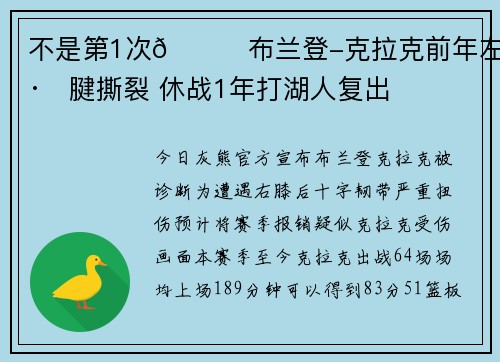 不是第1次💔布兰登-克拉克前年左脚跟腱撕裂 休战1年打湖人复出