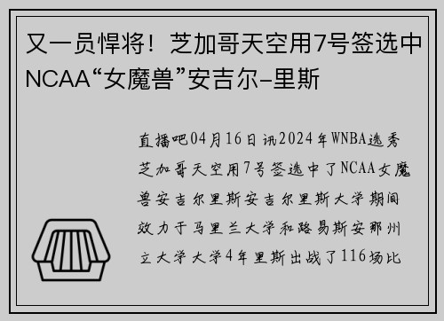 又一员悍将！芝加哥天空用7号签选中NCAA“女魔兽”安吉尔-里斯
