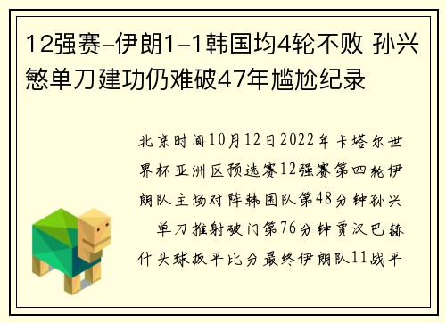 12强赛-伊朗1-1韩国均4轮不败 孙兴慜单刀建功仍难破47年尴尬纪录