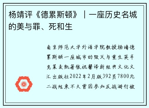 杨靖评《德累斯顿》｜一座历史名城的美与罪、死和生